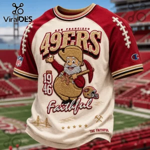 San Francisco 49ers Mascot 1946 Patch Shirt featuring Sourdough Sam, gold 49ers lettering, and red sleeves.