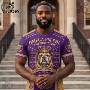 Omega Psi Phi Fraternity Bulldog Purple Gold T-Shirt featuring a crowned bulldog graphic, Greek lettering, and symbols.