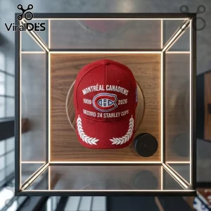 Montreal Canadiens 24 Stanley Cups snapback cap in red featuring white embroidered laurel wreaths and championship text.