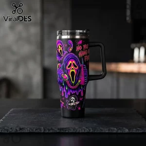 Scream Ghostface Neon Horror 40oz Tumbler with purple and pink glowing character art, handle, and a black matte finish.
