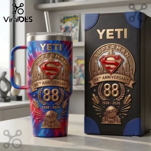 Superman 88th Anniversary Tie Dye 40oz Tumbler with Yeti branding and Daily Planet graphics on a stainless steel cup.