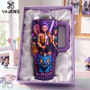 K-Pop Demon Hunters Purple 40oz Tumbler with Handle featuring anime character art in a satin-lined purple display box.
