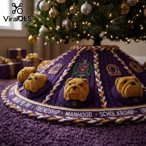 Omega Psi Phi Purple Bulldog Christmas Tree Skirt with 3D crocheted dog heads, fraternity crest, and embroidered text.