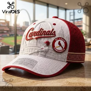 St. Louis Cardinals Busch Stadium Baseball Cap featuring white embossed stadium details, red paneling, and team logos.