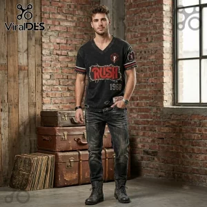 Rush Rock Band Limited Edition Distressed T-Shirt featuring red vintage typography and a starman logo on black cotton fabric.