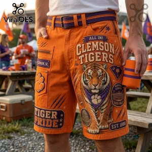 Clemson Tigers Orange Casual Shorts featuring a large tiger graphic, team logos, and text at a tailgate party.