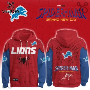 Detroit Lions x Spider-Man Brand New Day hoodie featuring blue and red spider-web pattern with team logos and graphics.
