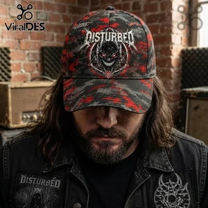 Disturbed Dark Messiah Black Camo Baseball Cap featuring a menacing demon graphic, red and grey camouflage print.