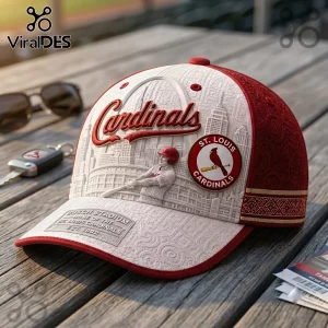 St. Louis Cardinals Busch Stadium Baseball Cap featuring a raised white relief of the ballpark, player, and red text.