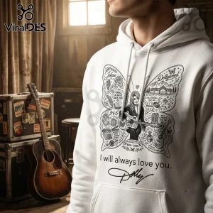 Dolly Parton Signature Tribute Pullover Hoodie in white with a butterfly-shaped collage graphic and signature text.