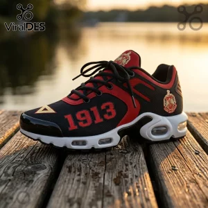 Delta Sigma Theta Sorority Air Max Plus sneakers featuring red, black, and gold details, 1913 branding, and white soles.