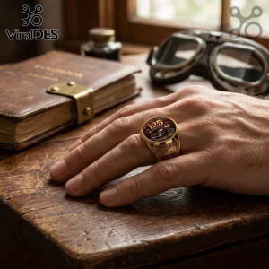 Indian Motorcycle 125th Anniversary Gold Ring featuring an engraved 125 logo and motorcycle on a man's hand.