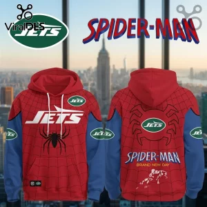 New York Jets x Spider-Man Brand New Day hoodie featuring red web patterns, blue accents, and team logos on front and back.