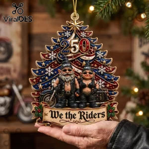 Personalized Biker Gnome Couple 250 Christmas Ornament with two leather-clad gnomes, motorcycle, and holiday tree design.