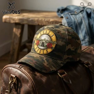 Guns N Roses Camouflage Embroidered Baseball Cap featuring the iconic circular band logo with dual pistols and red roses.