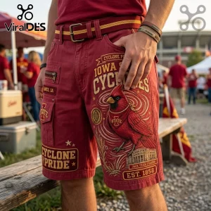 Iowa State Cyclones Red Cargo Shorts featuring cardinal mascot graphics, Jack Trice Stadium text, and functional side pockets.