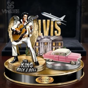 Elvis Presley Graceland Limited Edition Acrylic Plaque featuring Elvis with angel wings, a guitar, mansion, and pink car.