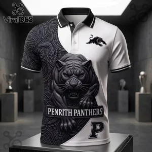 Penrith Panthers Mascot Black and White Polo Shirt featuring an embossed panther graphic, tribal patterns, and team logo.
