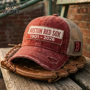 Boston Red Sox 125 Anniversary Distressed Cap in red with mesh back, featuring a 1901-2026 embroidered patch on a glove.
