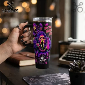 Scream Ghostface Neon 40oz Stanley Tumbler featuring vibrant purple and pink horror movie graphics on a black base.