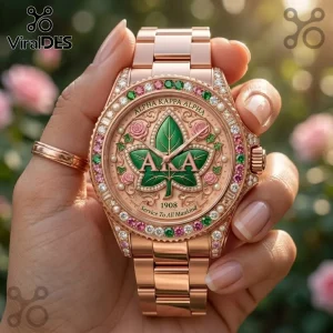 Alpha Kappa Alpha Ivy Leaf Stainless Steel Women Watch in rose gold featuring green leaf motif, crystals, and floral accents.