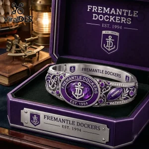 Fremantle Dockers Silver Tone Bracelet with purple crystals, anchor emblems, and football details in a branded velvet box.
