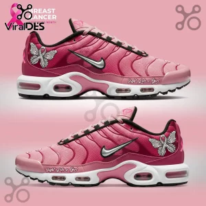 Breast Cancer Awareness Fight Like A Girl Air Max Sneakers featuring pink gradient mesh, silver logos, and butterfly decals.