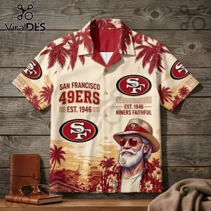 San Francisco 49ers NFL Aloha Hawaiian shirt featuring team logos, palm trees, and sunset graphic on a cream background.