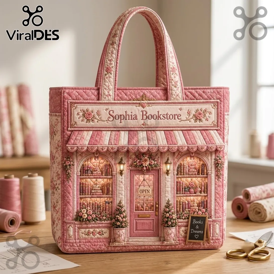 Sophia Bookstore Pink Quilted Book Lover Tote Bag Sophia Bookstore Pink Quilted Book Lover Tote Bag