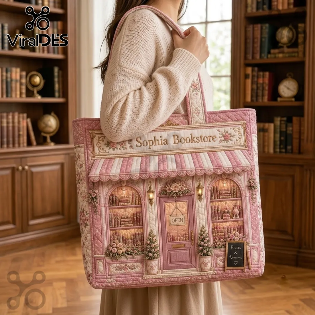 Sophia Bookstore Pink Quilted Book Lover Tote Bag Sophia Bookstore Pink Quilted Book Lover Tote Bag