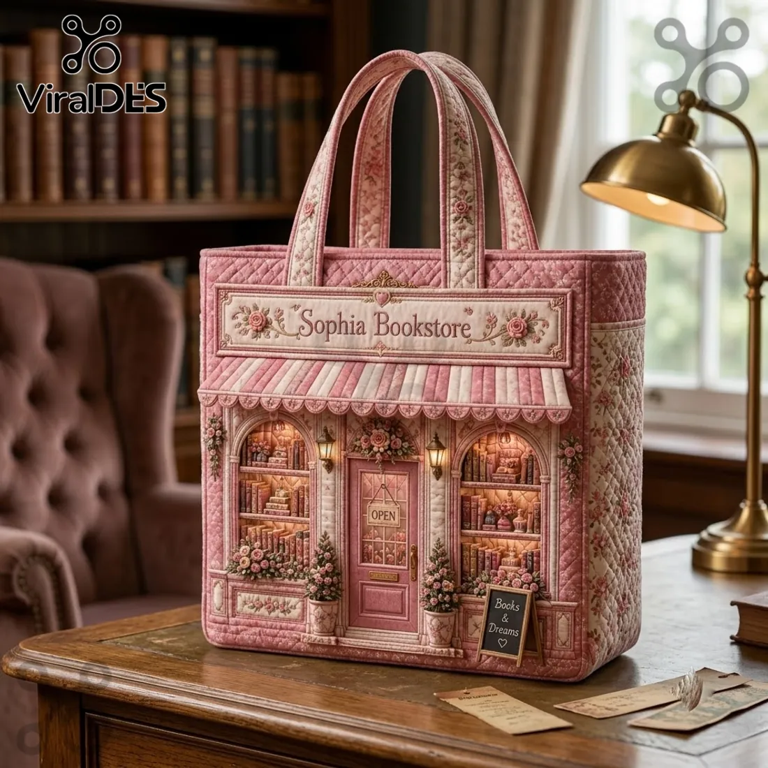 Sophia Bookstore Pink Quilted Book Lover Tote Bag Sophia Bookstore Pink Quilted Book Lover Tote Bag