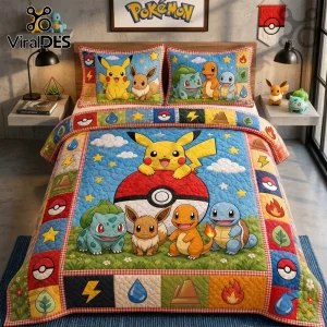 Pokemon Character Pikachu Eevee Quilt Bedding Set featuring colorful illustrations of starter Pokemon on a blue background.