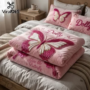 Dolly Shine Like a Butterfly Pink 3-Piece Bedding Set featuring a sequined butterfly, embroidered stars, and script text.