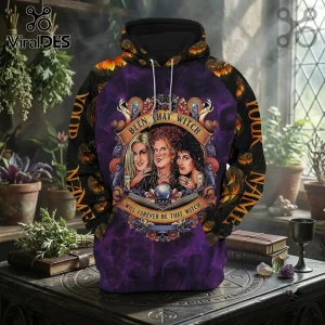 Hocus Pocus Sanderson Sisters purple Halloween hoodie featuring a witchy graphic, ornate border, and glowing pumpkin patterns.