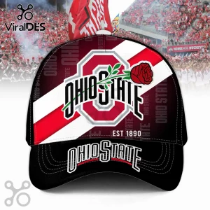 Ohio State Buckeyes Rose Logo Baseball Cap features a red rose graphic, collegiate lettering, and a scarlet stadium print.