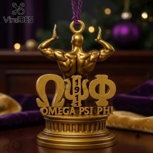 Omega Psi Phi Gold Christmas Ornament 2026 featuring a muscular figure with Greek letters and 1911 on a gold base.