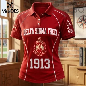 Delta Sigma Theta Red Edition Polo Shirt with white lettering and organization crest on a red moisture-wicking fabric.