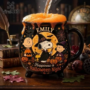 Peanuts Snoopy Halloween Black Cauldron Ceramic Coffee Mug featuring Charlie Brown, Lucy, and Woodstock with orange foam.