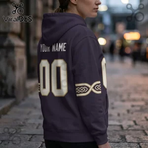 Minnesota Vikings Rivalries Custom Name Hoodie in dark purple with white number and gold-accented knotwork on the sleeve.