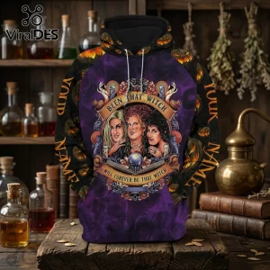 Hocus Pocus Sanderson Sisters purple hoodie featuring a graphic illustration of the three witches and pumpkin patterns.