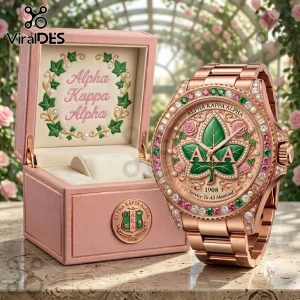 Alpha Kappa Alpha Ivy Leaf Stainless Steel Women Watch in rose gold with a crystal-studded bezel and green ivy dial design.