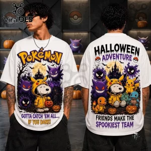 Snoopy x Pokemon Spooky 2026 Halloween T-Shirt featuring Pikachu-costumed Snoopy, Gengar, and classic Pokemon characters.