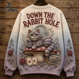 Alice in Wonderland Embossed Rabbit Ugly Sweater featuring a Cheshire Cat on a mushroom with vintage floral embroidery details.