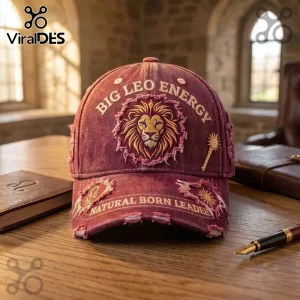 Big Leo Energy embroidered maroon distressed baseball cap featuring a central lion head icon and sun motifs.