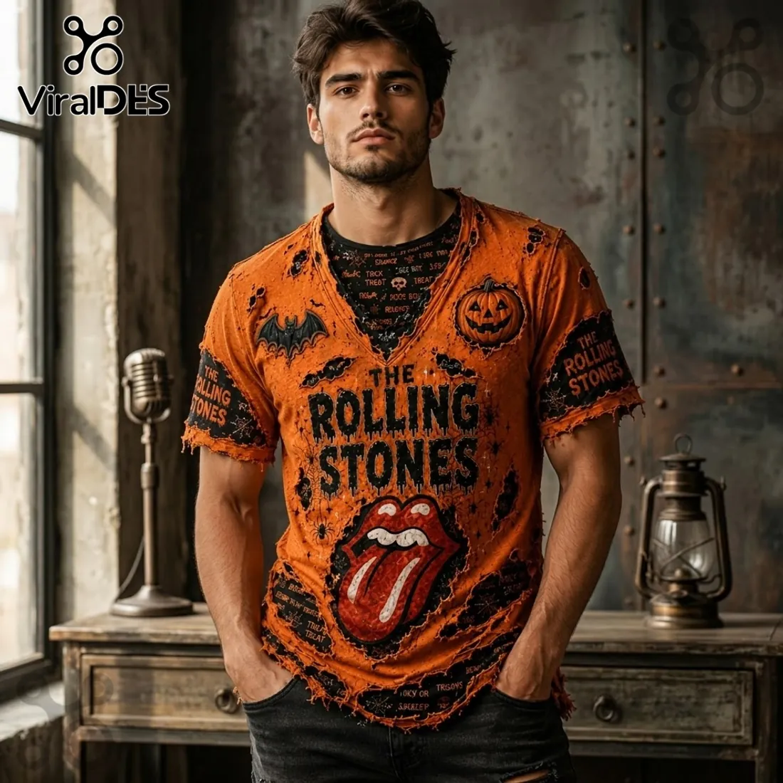 The Rolling Stones Orange Distressed V-Neck Shirt The Rolling Stones Orange Distressed V-Neck Shirt