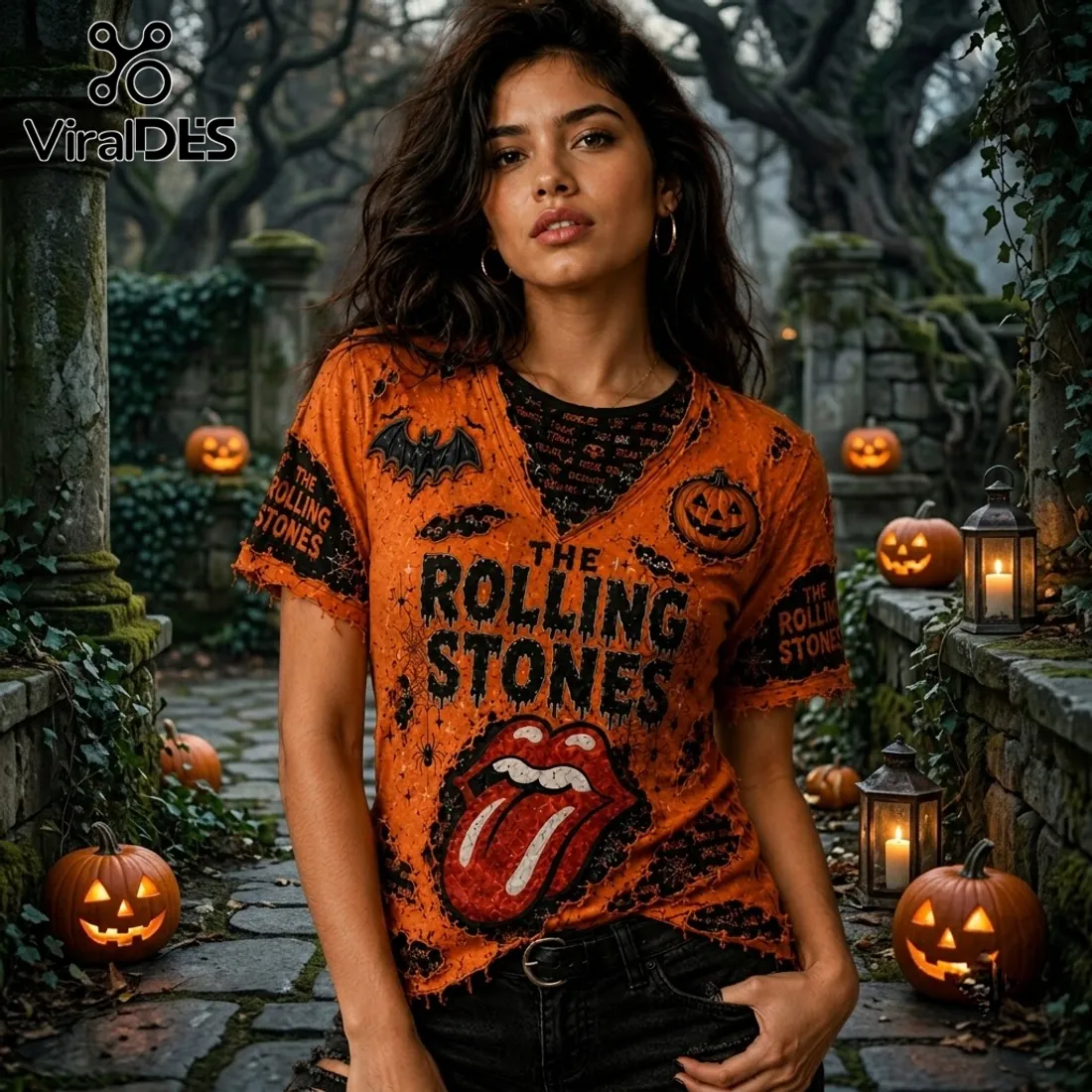 The Rolling Stones Orange Distressed V-Neck Shirt The Rolling Stones Orange Distressed V-Neck Shirt