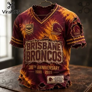 Brisbane Broncos 38th Anniversary distressed shirt in maroon and gold with frayed edges, team logos, and text elements.