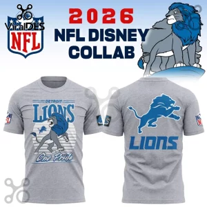 Disney x Detroit Lions 2026 gray pullover hoodie displaying team mascot, blue lettering, and NFL logo on light gray fabric.