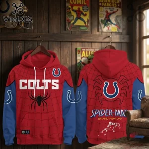 Indianapolis Colts x Spider-Man Brand New Day Hoodie featuring red and blue spider-web patterns and team logos.