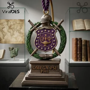 Omega Psi Phi Shield 2026 Christmas ornament featuring a purple crest, golden Greek letters, and green laurel wreath base.